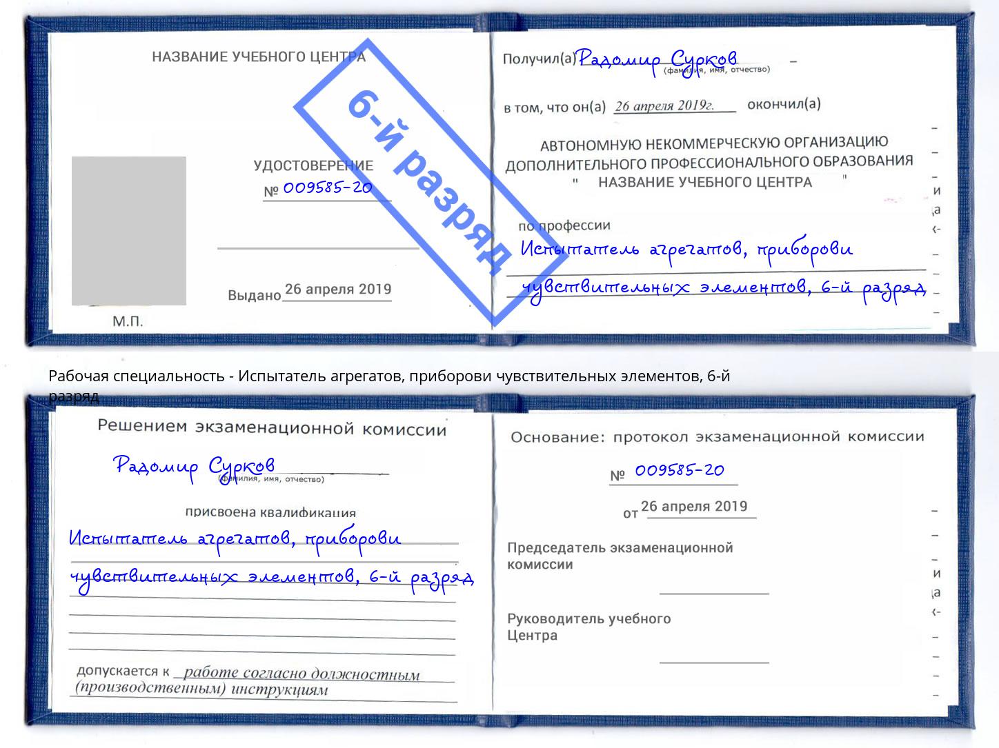 корочка 6-й разряд Испытатель агрегатов, приборови чувствительных элементов Кизляр