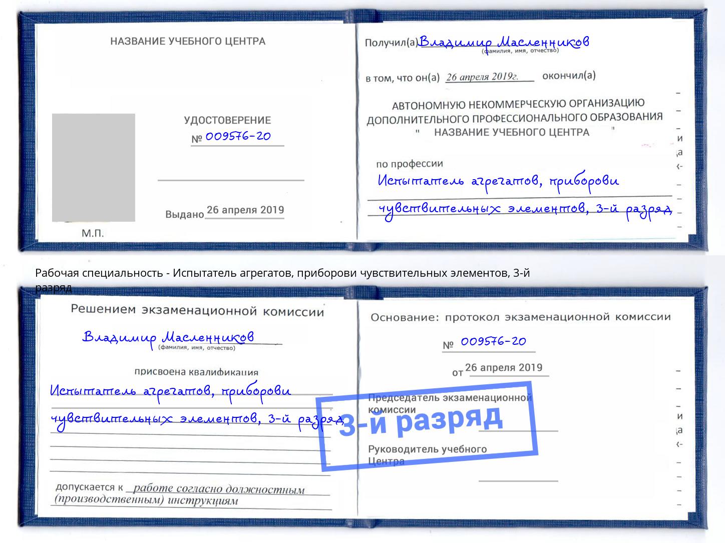 корочка 3-й разряд Испытатель агрегатов, приборови чувствительных элементов Кизляр