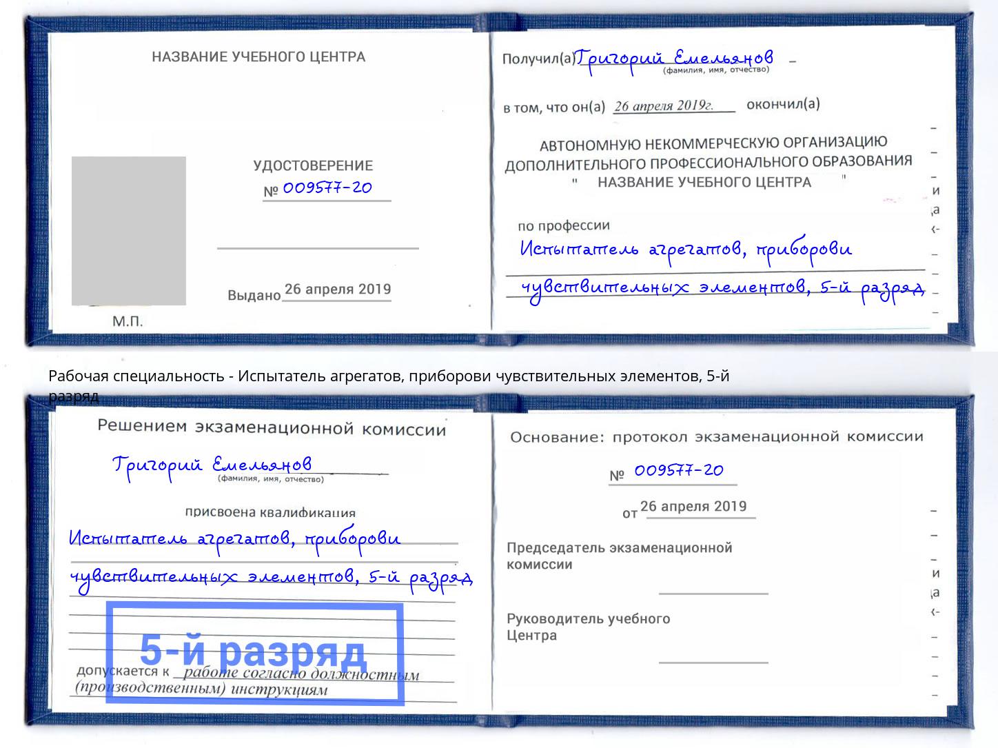 корочка 5-й разряд Испытатель агрегатов, приборови чувствительных элементов Кизляр