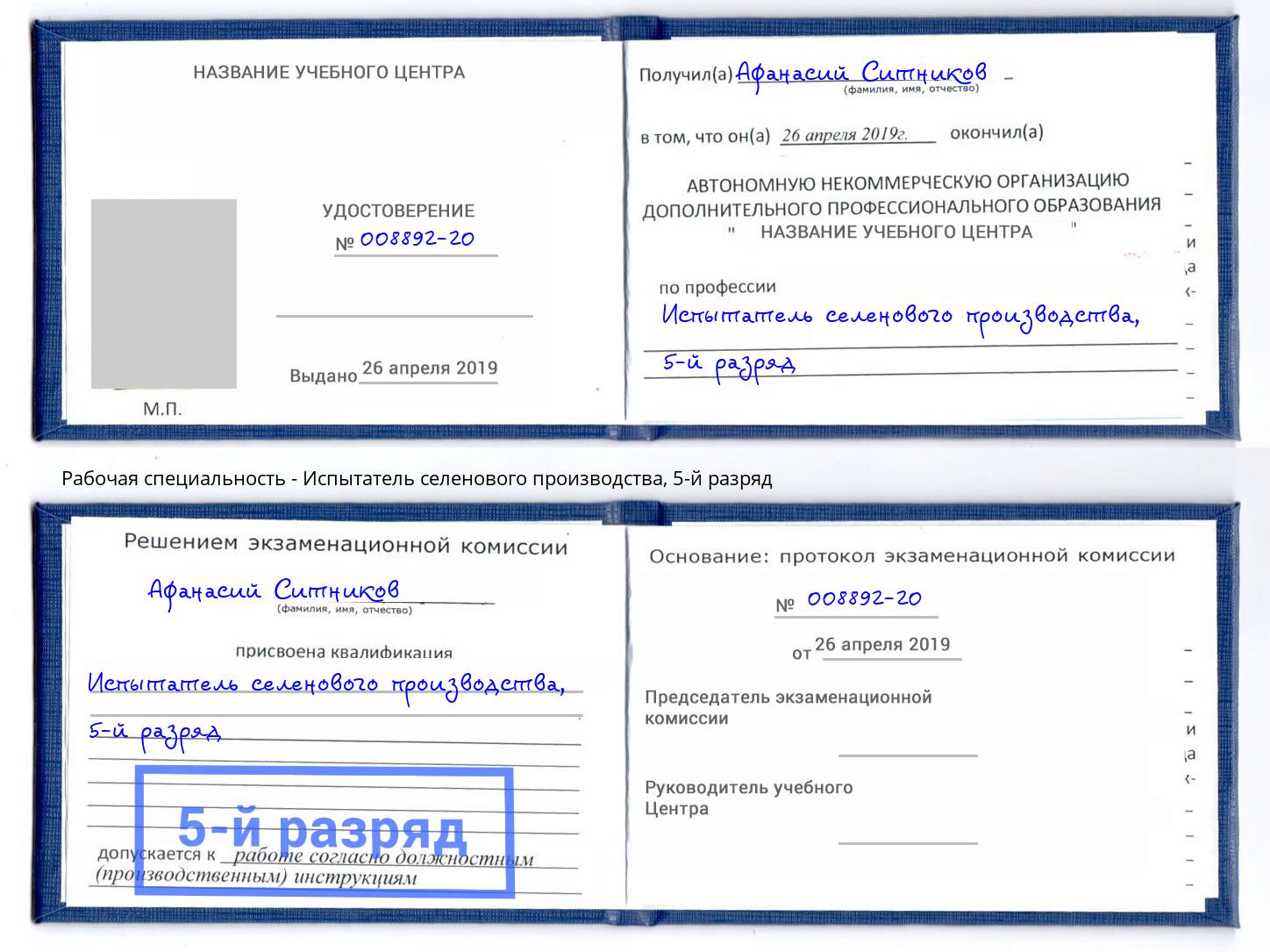 корочка 5-й разряд Испытатель селенового производства Кизляр