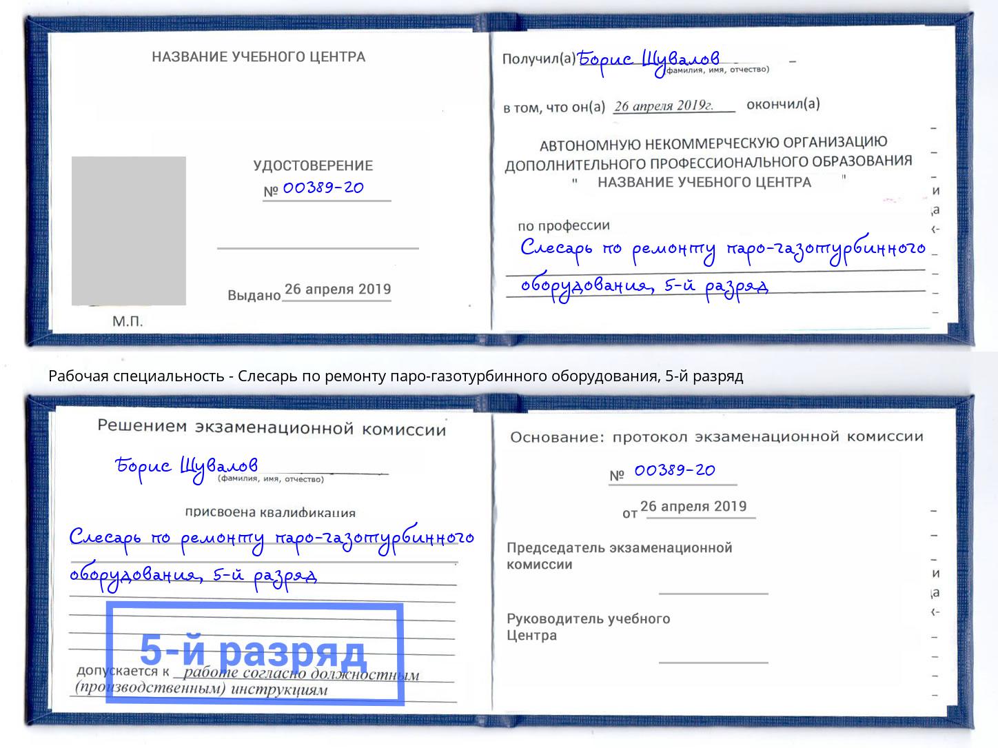 корочка 5-й разряд Слесарь по ремонту паро-газотурбинного оборудования Кизляр