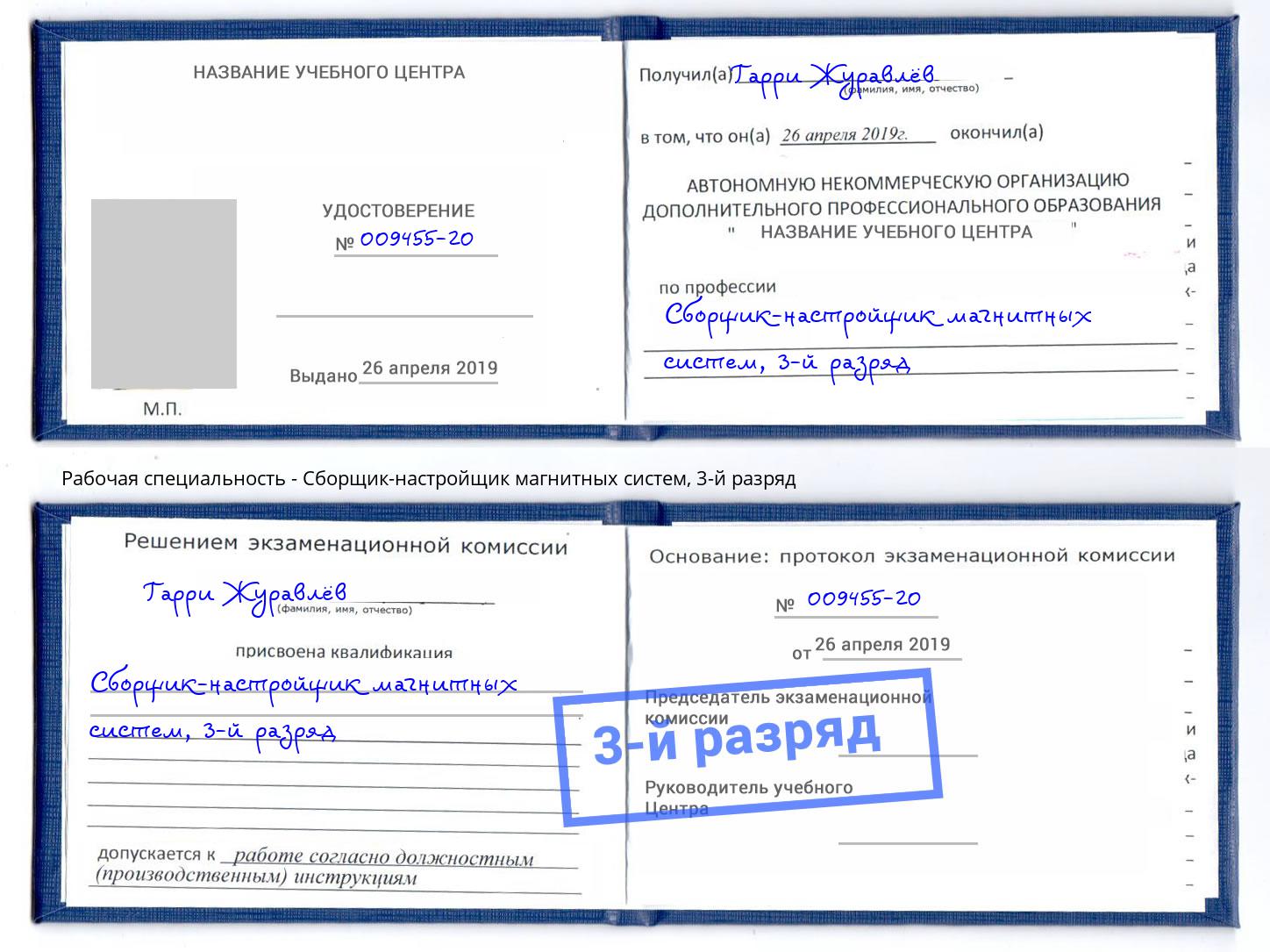 корочка 3-й разряд Сборщик-настройщик магнитных систем Кизляр