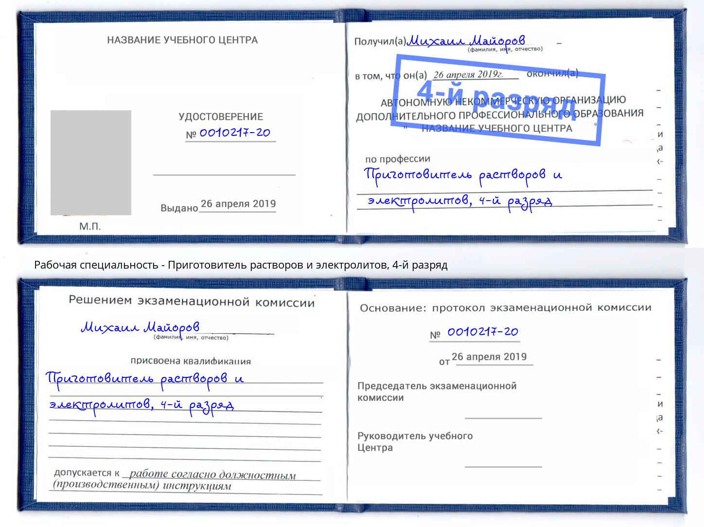 корочка 4-й разряд Приготовитель растворов и электролитов Кизляр