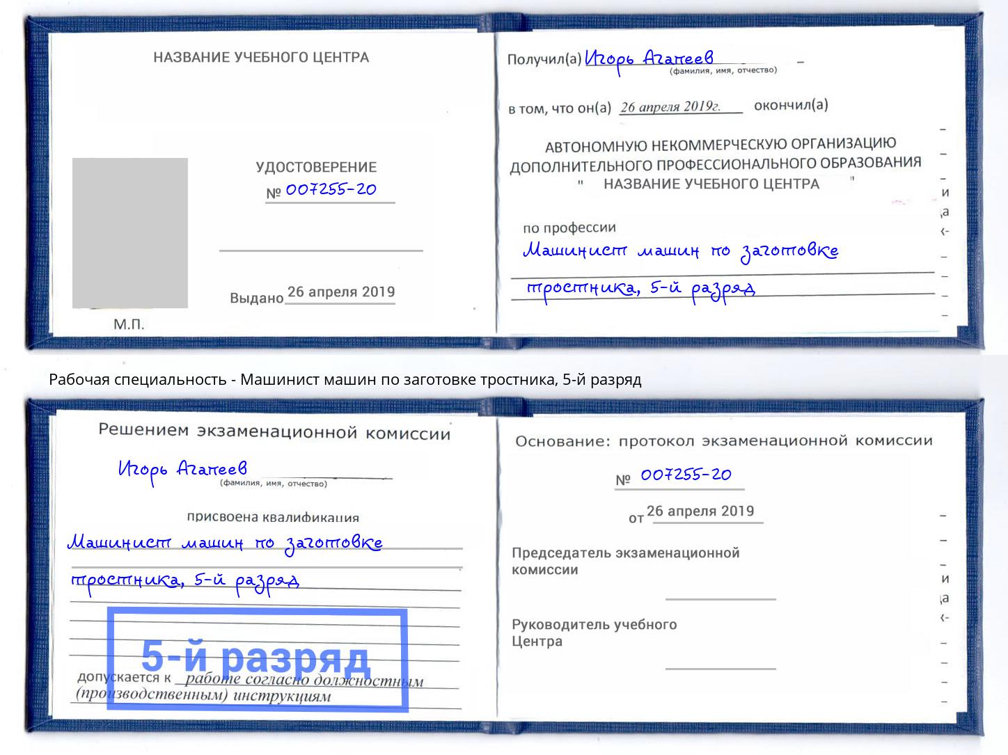 корочка 5-й разряд Машинист машин по заготовке тростника Кизляр