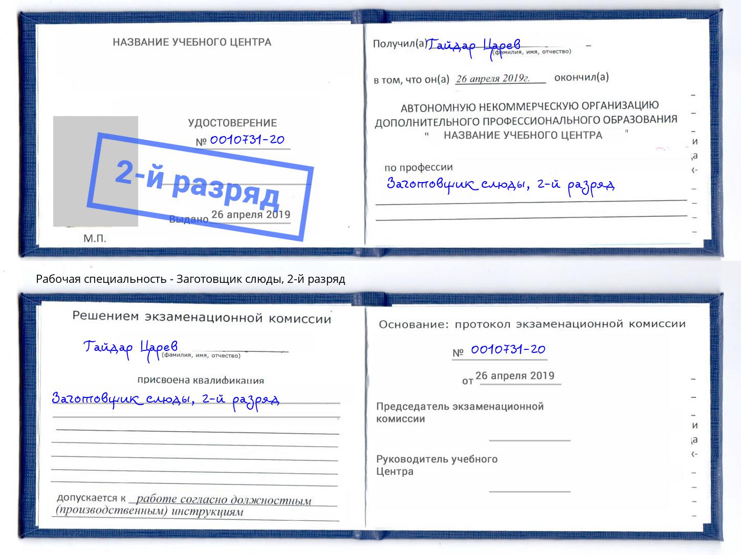 корочка 2-й разряд Заготовщик слюды Кизляр