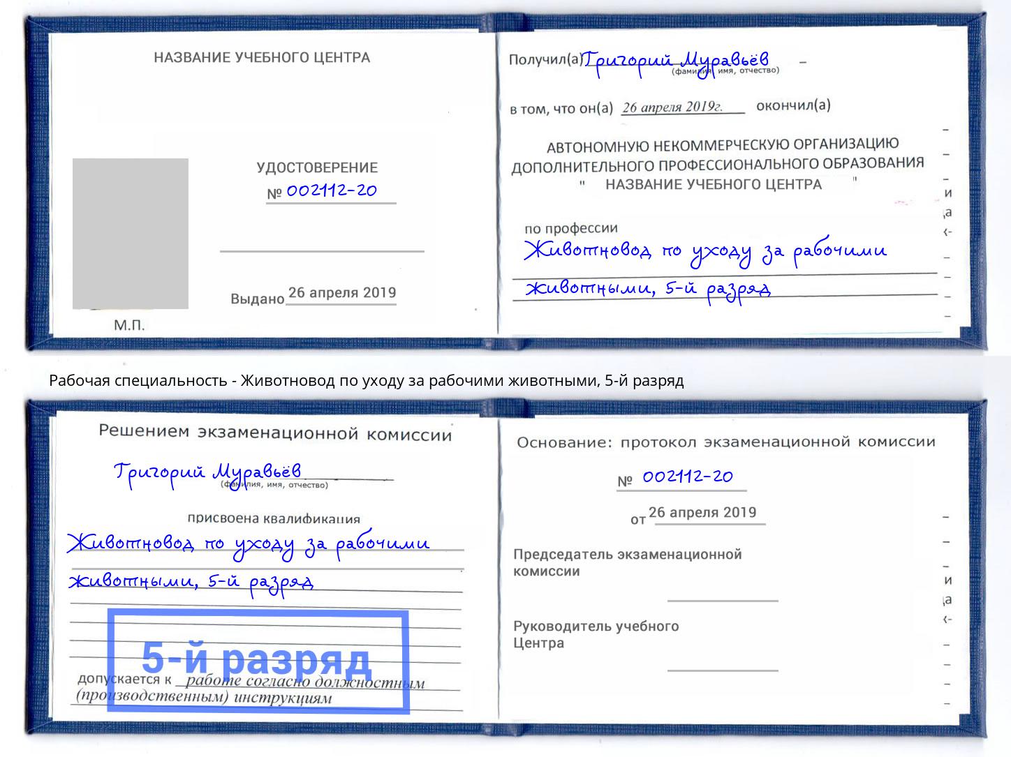 корочка 5-й разряд Животновод по уходу за рабочими животными Кизляр