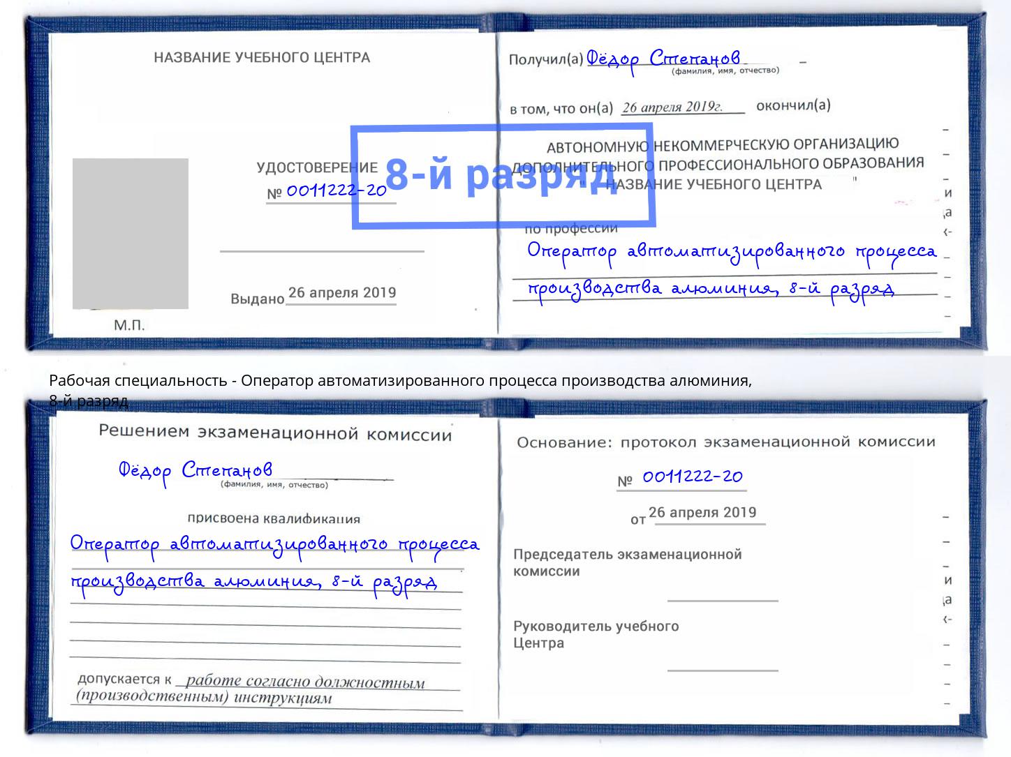 корочка 8-й разряд Оператор автоматизированного процесса производства алюминия Кизляр