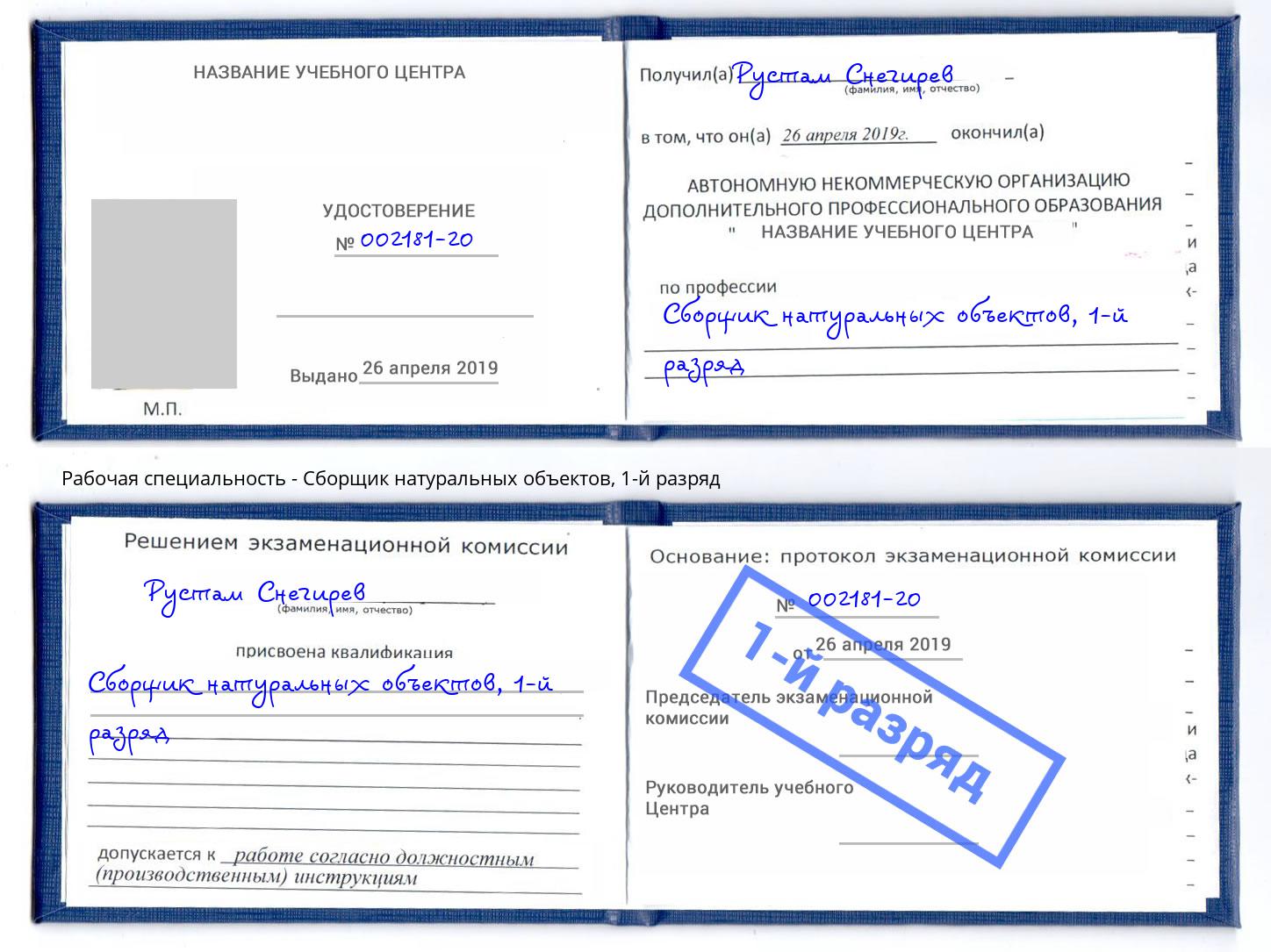 корочка 1-й разряд Сборщик натуральных объектов Кизляр