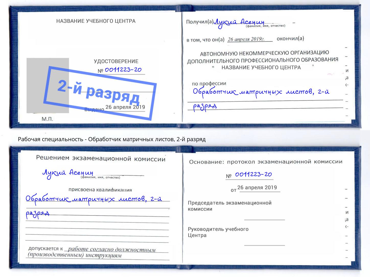 корочка 2-й разряд Обработчик матричных листов Кизляр