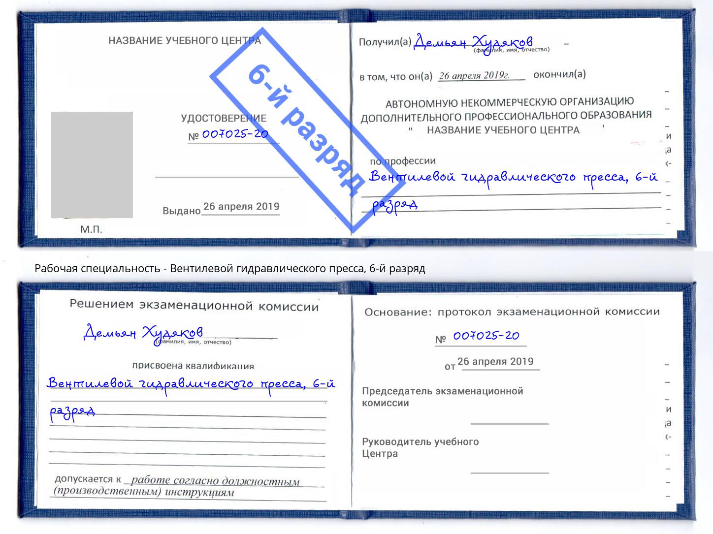 корочка 6-й разряд Вентилевой гидравлического пресса Кизляр