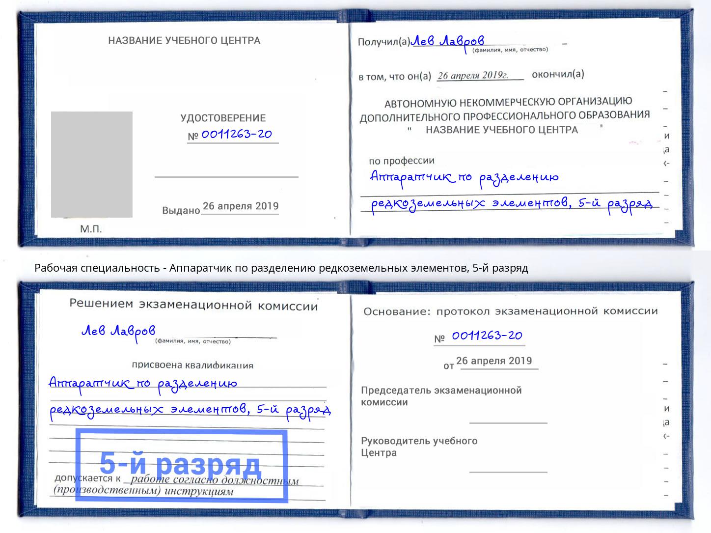 корочка 5-й разряд Аппаратчик по разделению редкоземельных элементов Кизляр