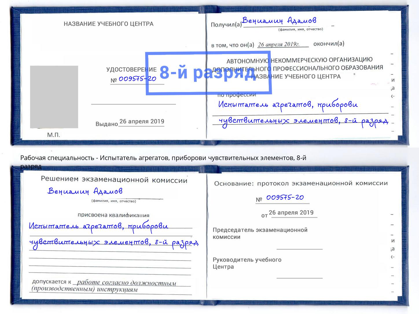 корочка 8-й разряд Испытатель агрегатов, приборови чувствительных элементов Кизляр